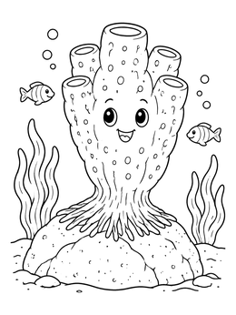 A smiling tube sponge coloring page resting on a rocky sea floor with swimming fish.