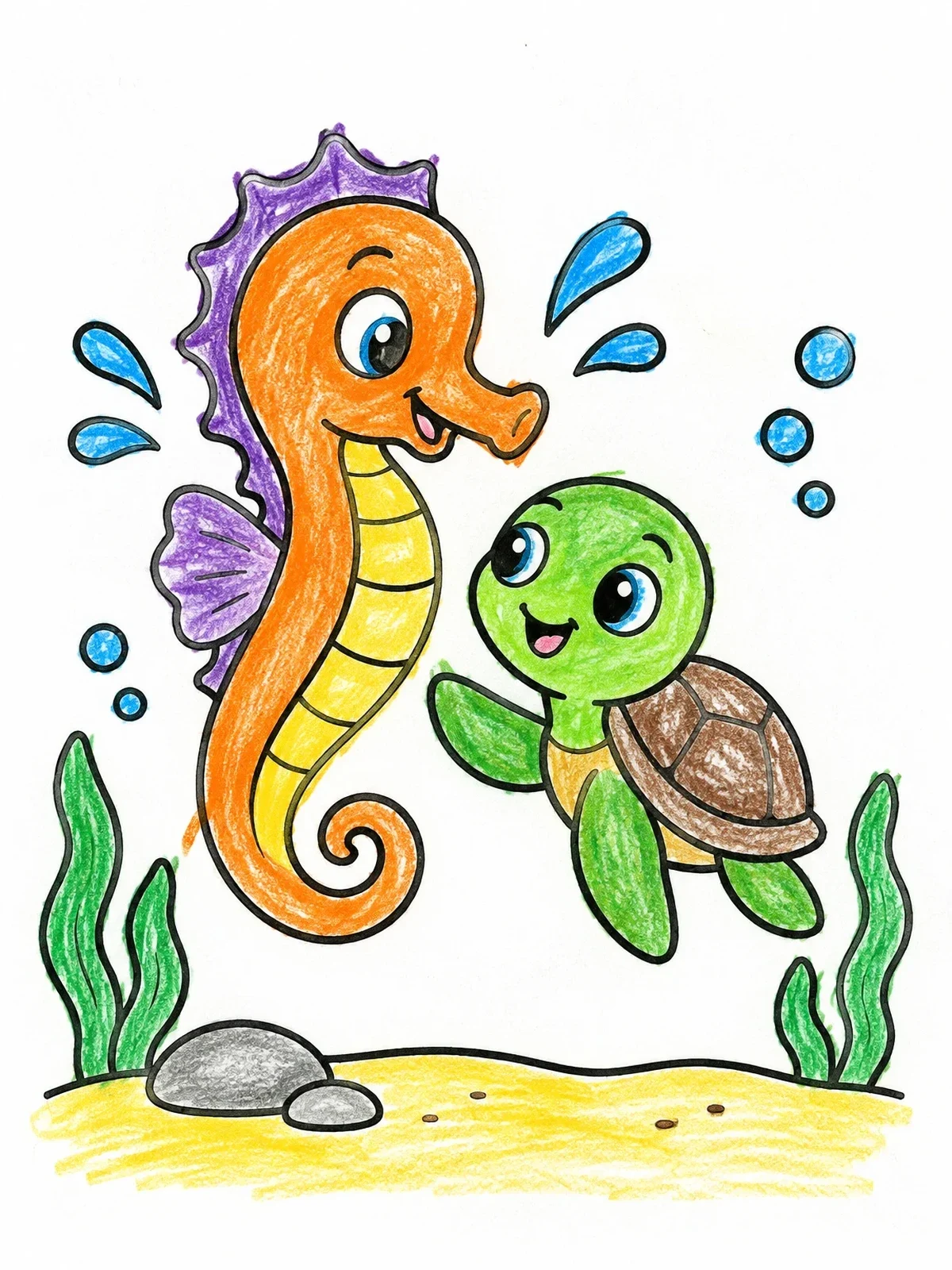 Colored example of the Cheerful Seahorse And Little Sea Turtle coloring page