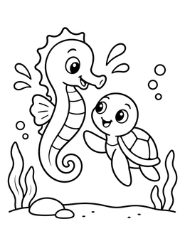 Free printable Cheerful Seahorse And Little Sea Turtle coloring page