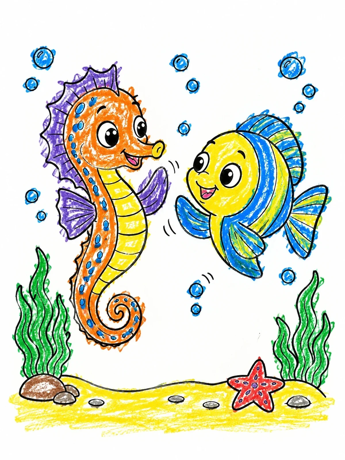 Colored example of the Cheerful Seahorse And Friendly Fish Greeting coloring page