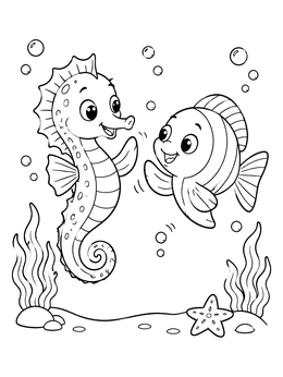 Free printable Cheerful Seahorse And Friendly Fish Greeting coloring page