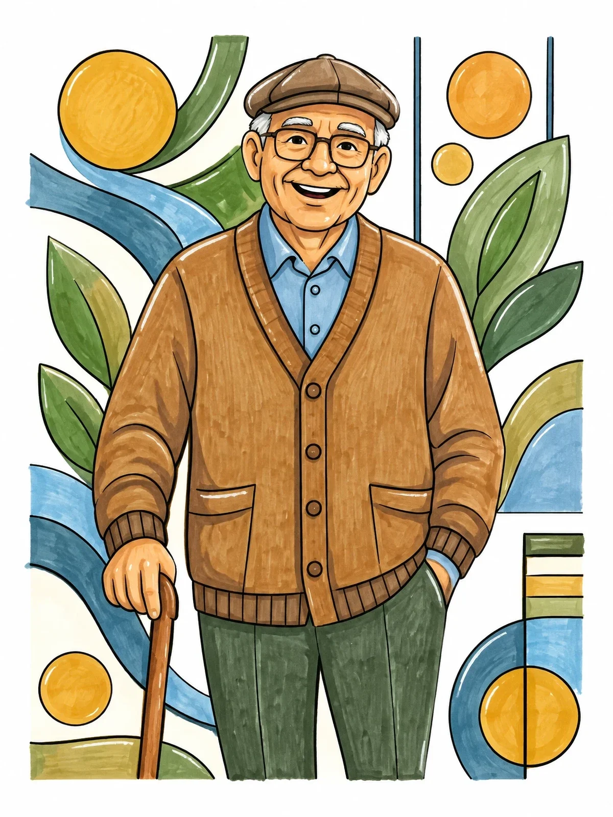 Colored example of the Cheerful Senior Man With Walking Cane coloring page