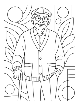 A senior coloring page featuring a smiling elderly man wearing a flat cap, cardigan, and holding a cane.