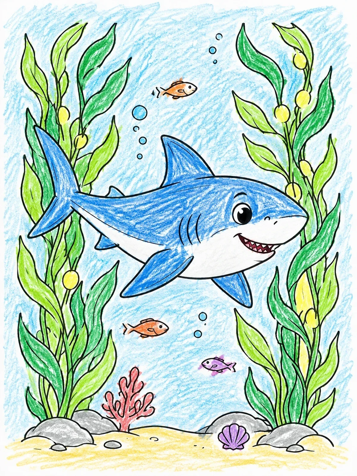 Colored example of the Cheerful Shark In Kelp Forest coloring page