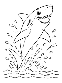 A cheerful cartoon shark coloring page showing it jumping out of ocean waves.