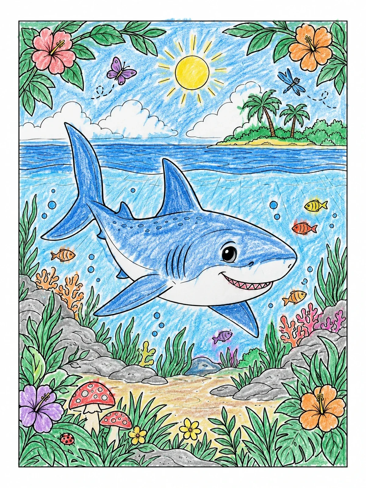Colored example of the Cheerful Shark Near Tropical Island coloring page