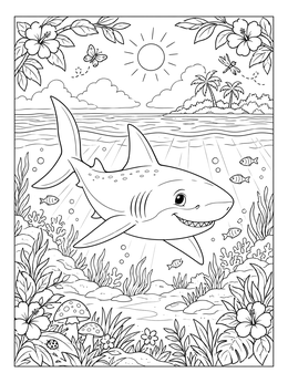 A friendly shark coloring page with tropical reef, flowers, and sunny island landscape.