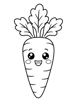 A cheerful cartoon carrot coloring page with big eyes and leafy greens.