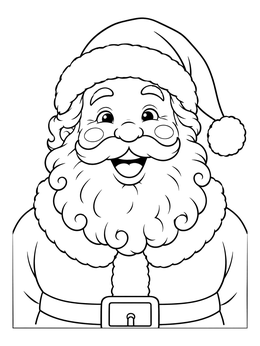 A cheerful santa claus coloring page featuring a jolly smiling face with a fluffy beard and hat.