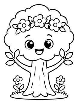 Free printable Cheerful Smiling Spring Tree With Flowers coloring page
