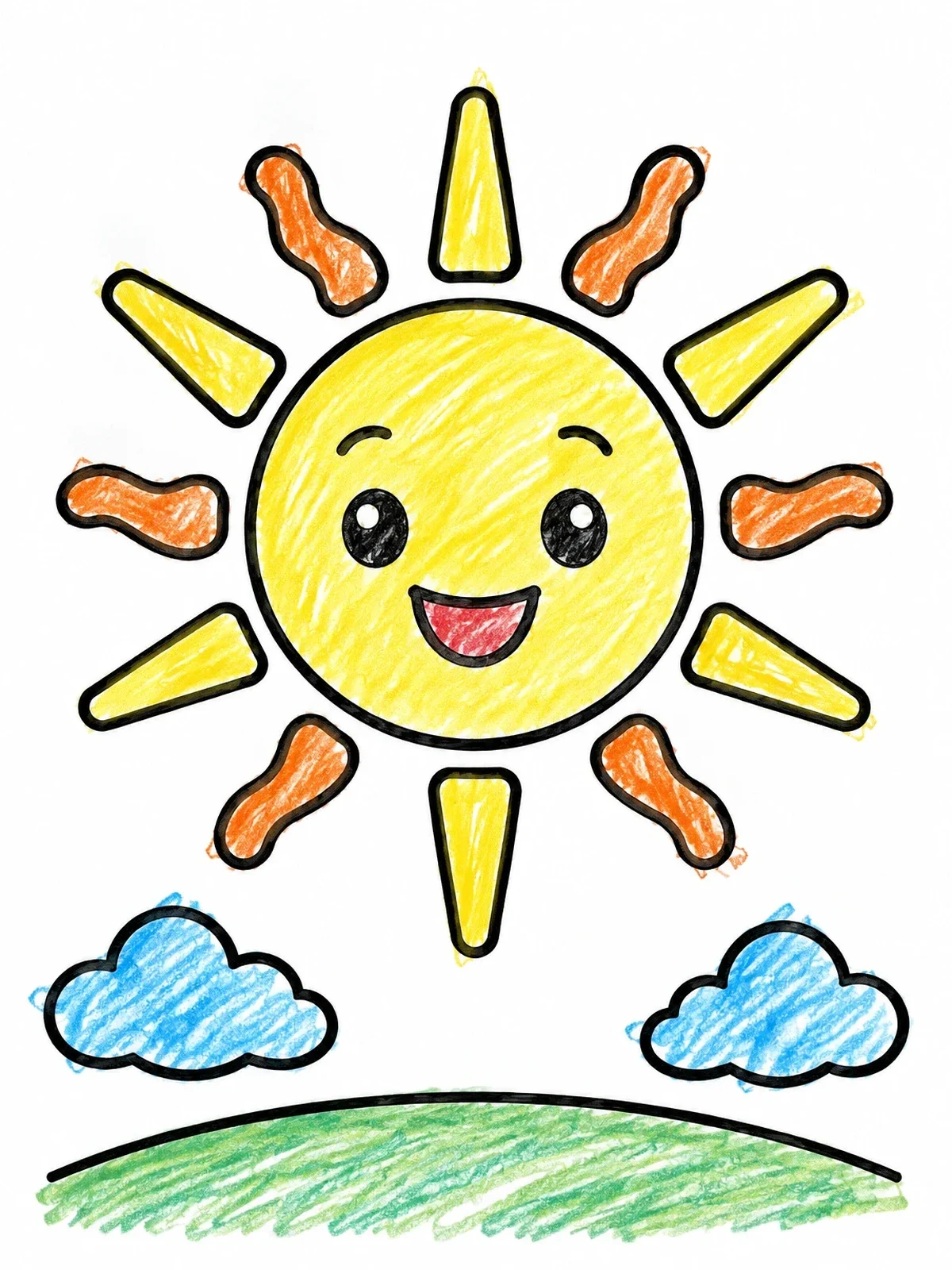 Colored example of the Cheerful Smiling Sun Above Clouds coloring page