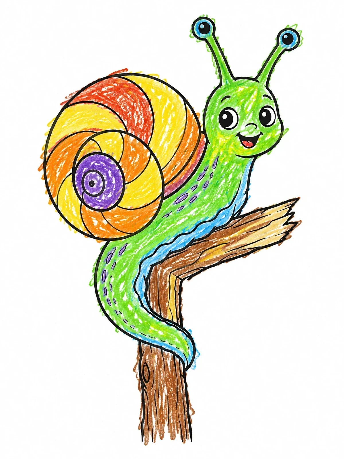 Colored example of the Cheerful Snail On A Twig coloring page