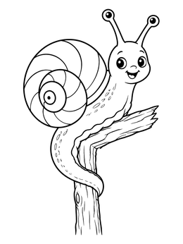 A happy cartoon snail coloring page climbing around a weathered twig.
