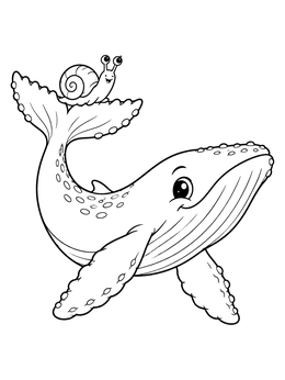 A cheerful snail riding on a whale tail in this sweet snail coloring page.