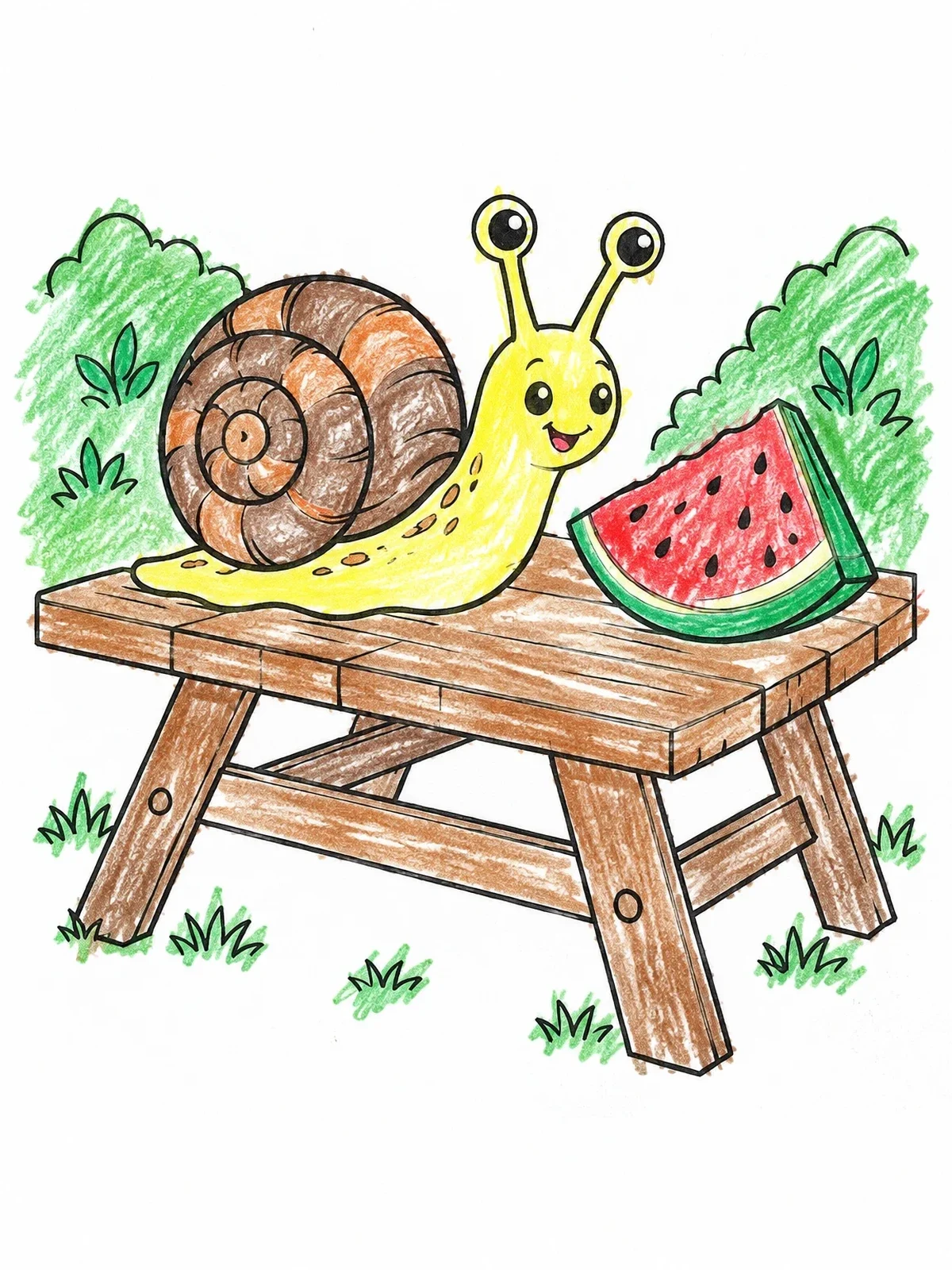 Colored example of the Cheerful Snail With Watermelon Slice coloring page