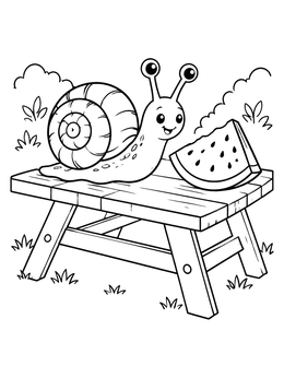 A cheerful snail coloring page with a slice of watermelon on a wooden picnic table.