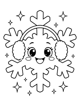 A cute cartoon snowflake coloring page wearing earmuffs amid twinkling stars.
