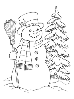 A friendly snowman coloring page featuring a top hat, striped scarf, and snowy pine tree.