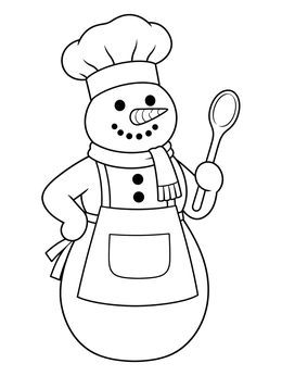 A cheerful snowman coloring page featuring a baker in an apron and chef hat holding a spoon.
