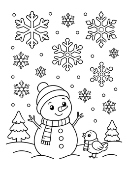 Free printable Cheerful Snowman With Falling Snowflakes coloring page