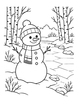 A friendly snowman coloring page beside a cracked frozen creek surrounded by birch trees.