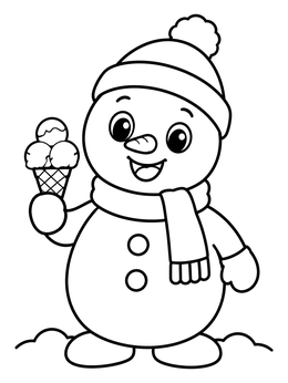 A cheerful snowman coloring page featuring a smiling character holding a sweet ice cream cone.