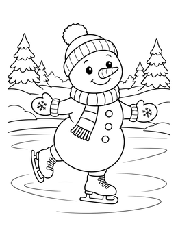 A cheerful snowman coloring page featuring a snowman ice skating on a frozen winter pond surrounded by pines.