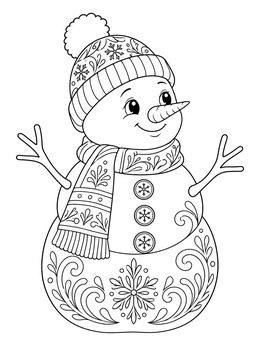 A friendly snowman coloring page with a patterned knit beanie, scarf, and stick arms.