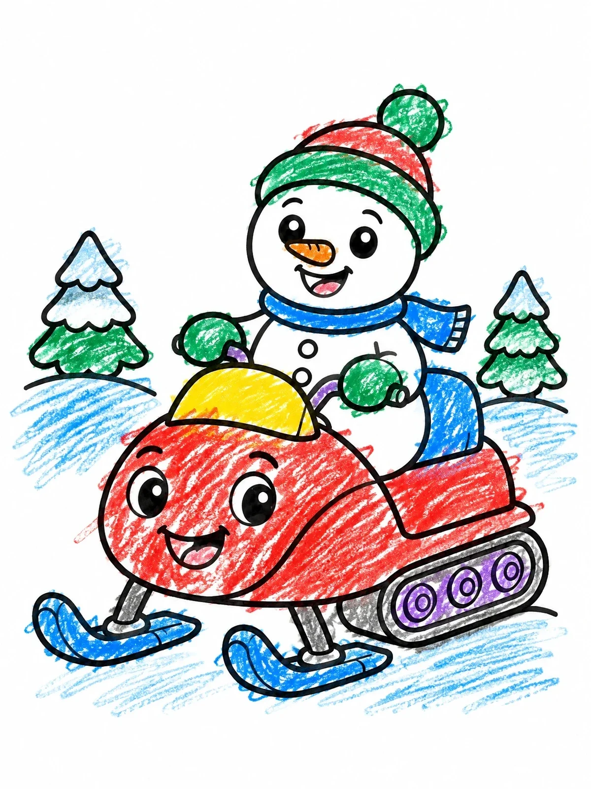 Colored example of the Cheerful Snowman Riding A Snowmobile coloring page