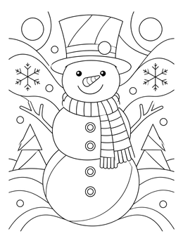 A cheerful snowman coloring page featuring a top hat, striped scarf, and snowflakes.