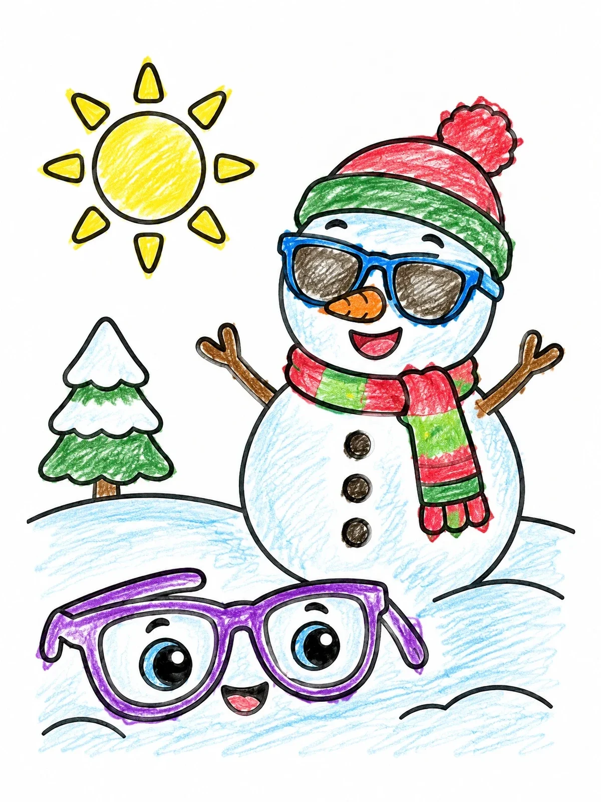 Colored example of the Cheerful Snowman Wearing Cool Sunglasses coloring page