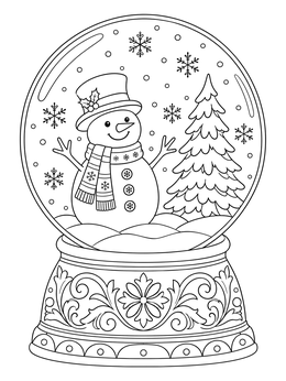 A festive snowglobe coloring page featuring a happy snowman and pine tree inside a decorative glass dome.