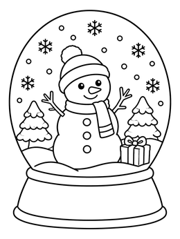 A friendly snowman inside a winter snowglobe coloring page with trees and snowflakes.