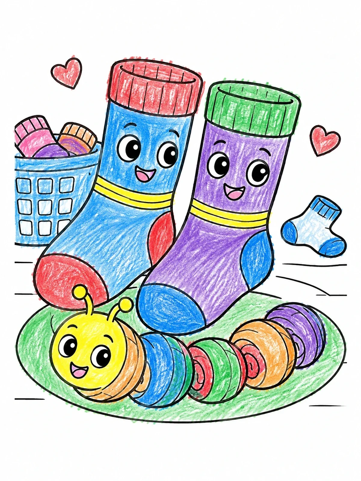Colored example of the Cheerful Socks And Sock Caterpillar coloring page