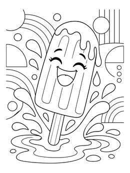 A happy popsicle coloring page splashing into sweet juice surrounded by abstract shapes.