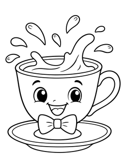 A cute tea cup coloring page showing a smiling cup with a bow tie splashing tea.