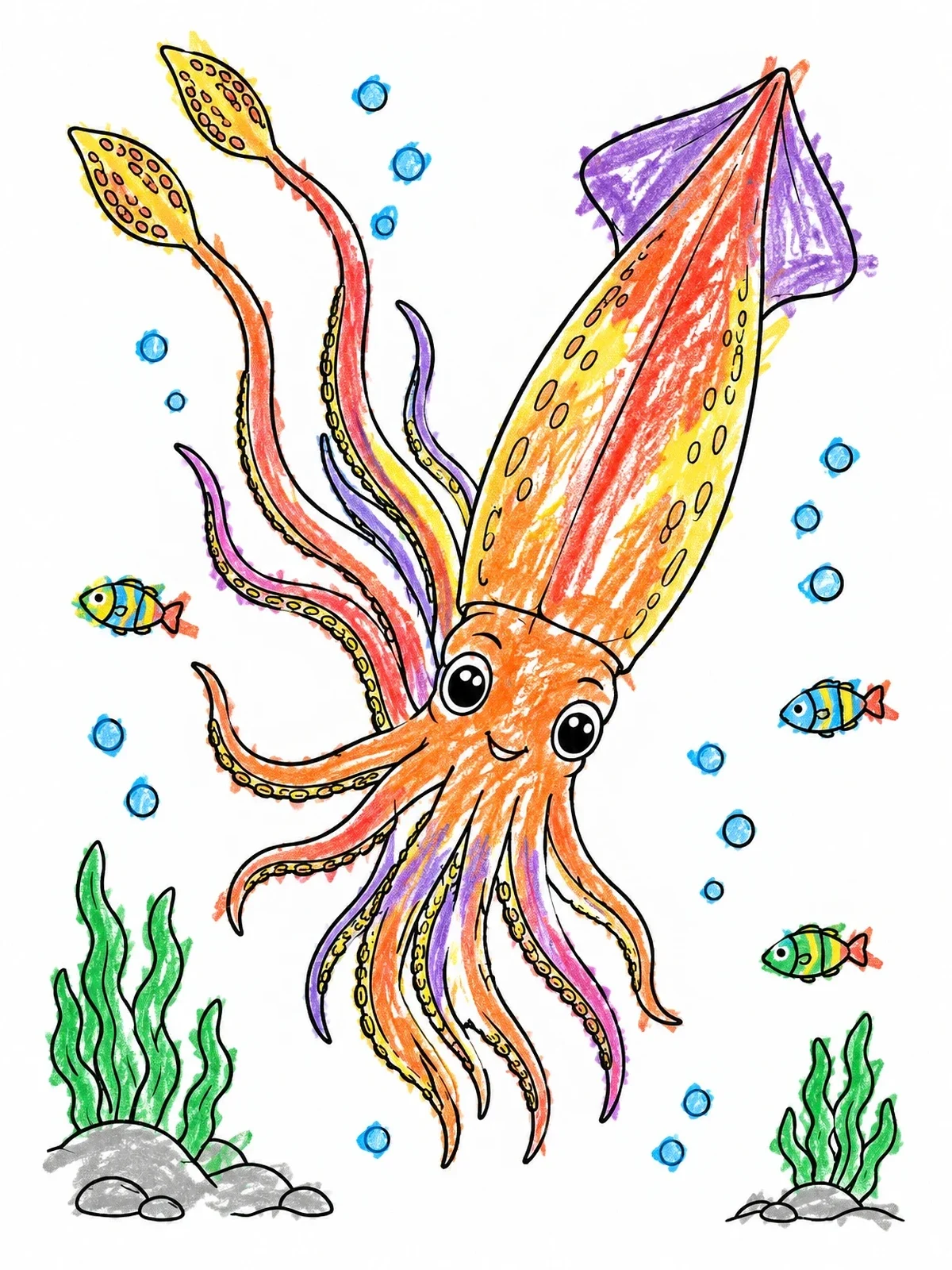 Colored example of the Cheerful Squid Swimming Underwater coloring page