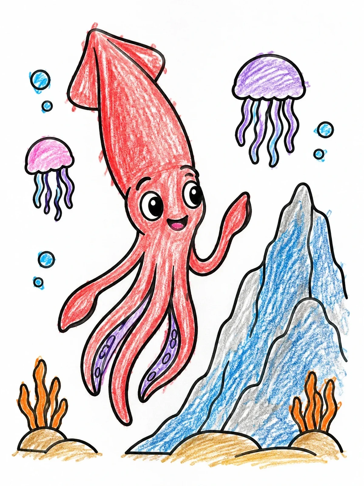 Colored example of the Cheerful Squid Swimming Near Coral coloring page