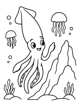 A cute squid coloring page featuring a smiling sea creature swimming with jellyfish.