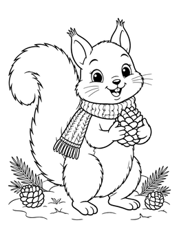 A squirrel coloring page featuring a happy squirrel wearing a knit scarf and holding a pinecone.
