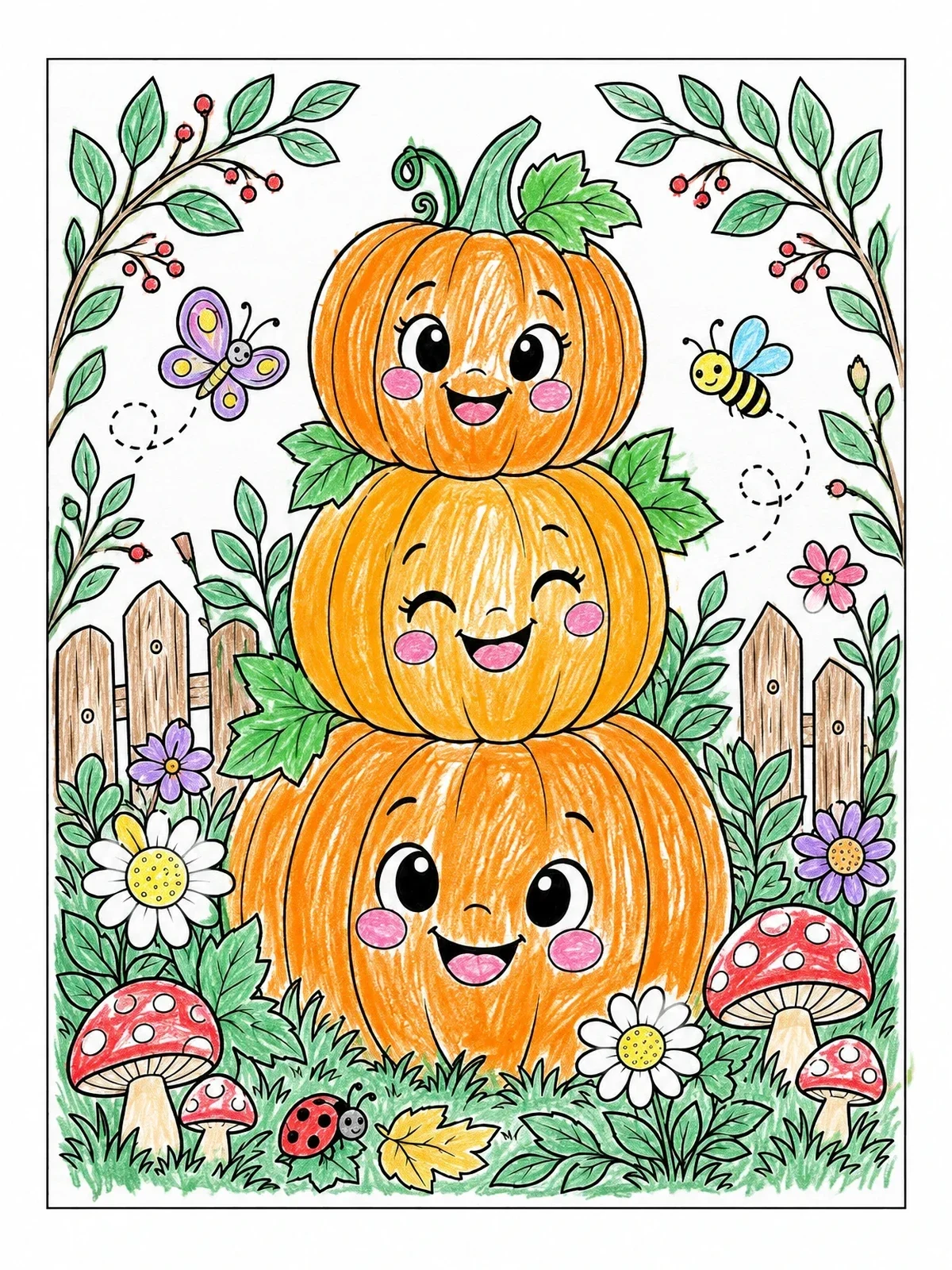 Colored example of the Cheerful Stacked Garden Pumpkins coloring page