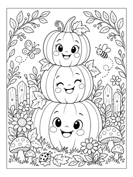 A pumpkin coloring page with three cheerful stacked pumpkins surrounded by flowers, mushrooms, and butterflies.