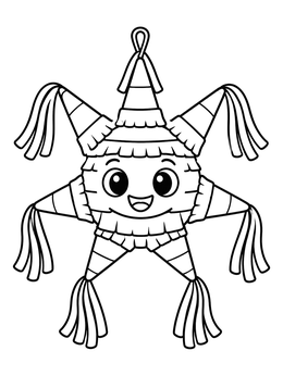A happy smiling star pinata coloring page decorated with fringes and tassels.