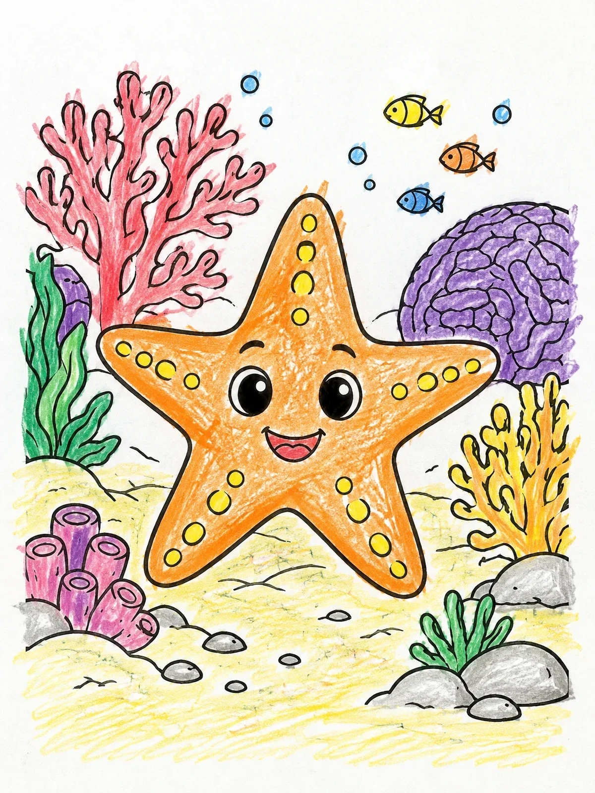 Colored example of the Cheerful Starfish On Coral Reef coloring page