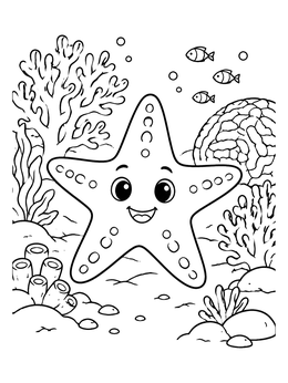 A cheerful cartoon starfish coloring page with corals and small swimming fish.