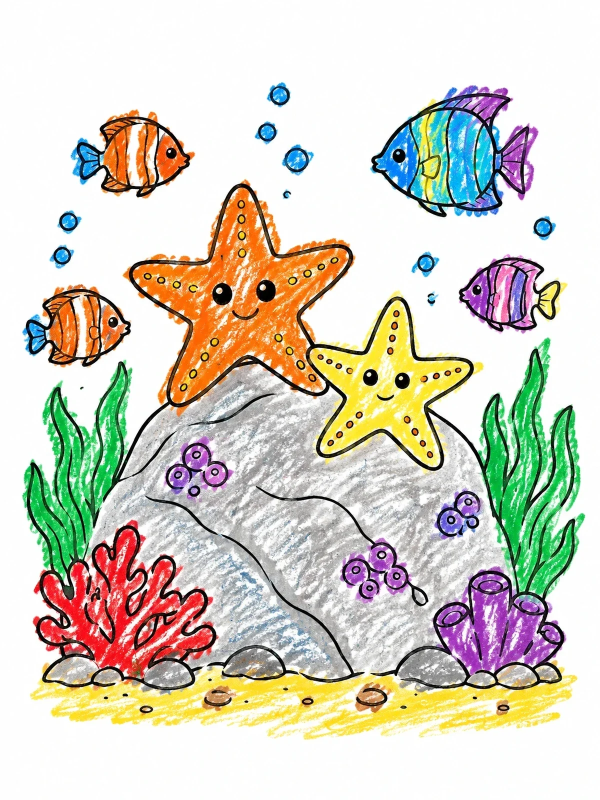Colored example of the Happy Starfish On Undersea Coral coloring page