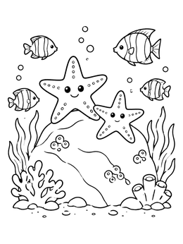 A cheerful star coloring page featuring two smiling starfish surrounded by tropical reef fish.