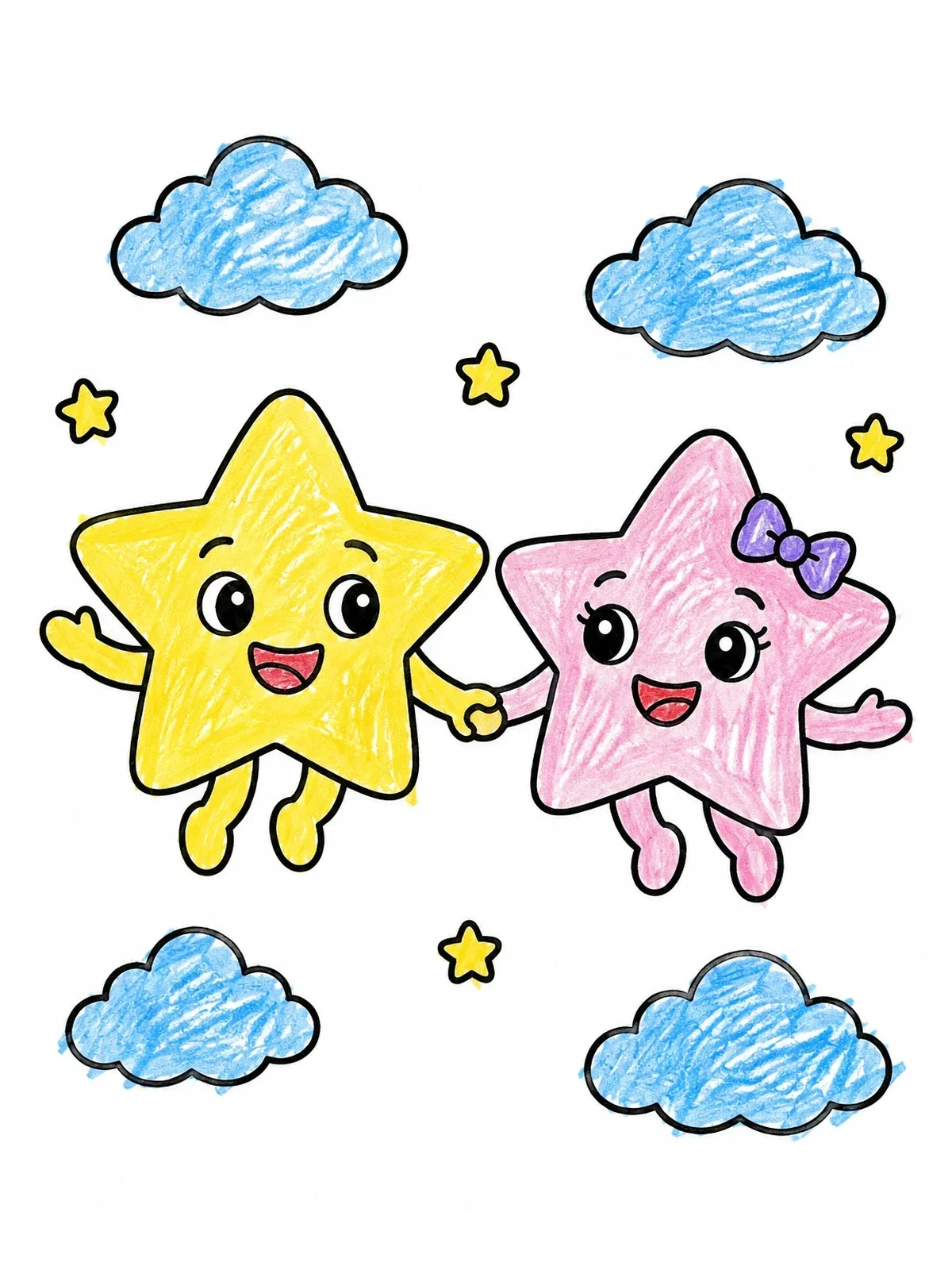 Colored example of the Cheerful Stars Holding Hands coloring page
