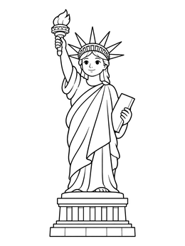 A cheerful cartoon statue of liberty coloring page holding a torch and a tablet on a pedestal.