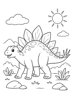 A friendly stegosaurus coloring page under a bright sun with clouds and plants.